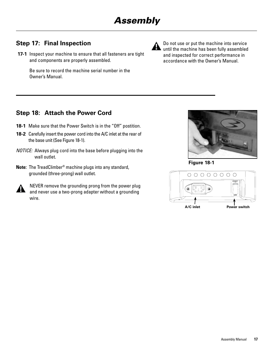 Assembly, Step 17: final inspection, Step 18: attach the power cord | Bowflex TreadClimber 3000 User Manual | Page 21 / 28