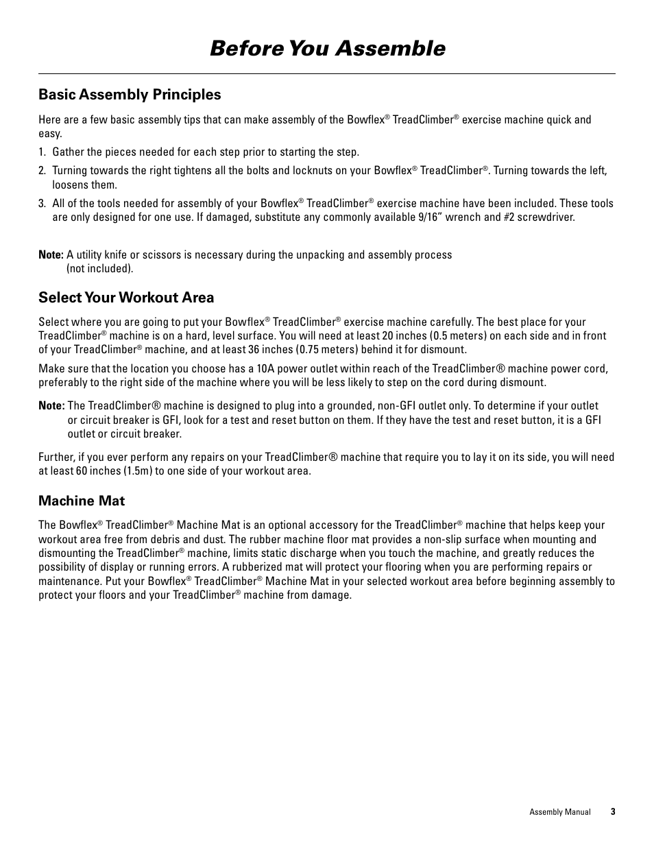 Before you assemble, Basic assembly principles, Select your workout area | Machine mat | Bowflex TreadClimber 3000 User Manual | Page 7 / 28