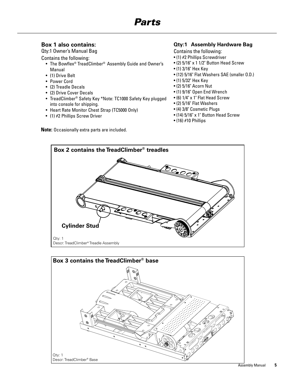 Parts, Box 1 also contains, Box 2 contains the treadclimber | Treadles box 3 contains the treadclimber, Base, Cylinder stud | Bowflex TreadClimber 3000 User Manual | Page 9 / 28