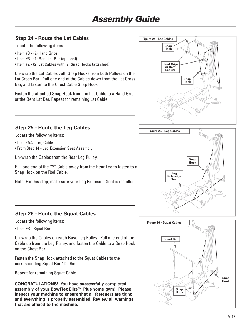 Assembly guide, Step 24 - route the lat cables, Step 25 - route the leg cables | Step 26 - route the squat cables | Bowflex Elite™ Plus home gym User Manual | Page 19 / 94
