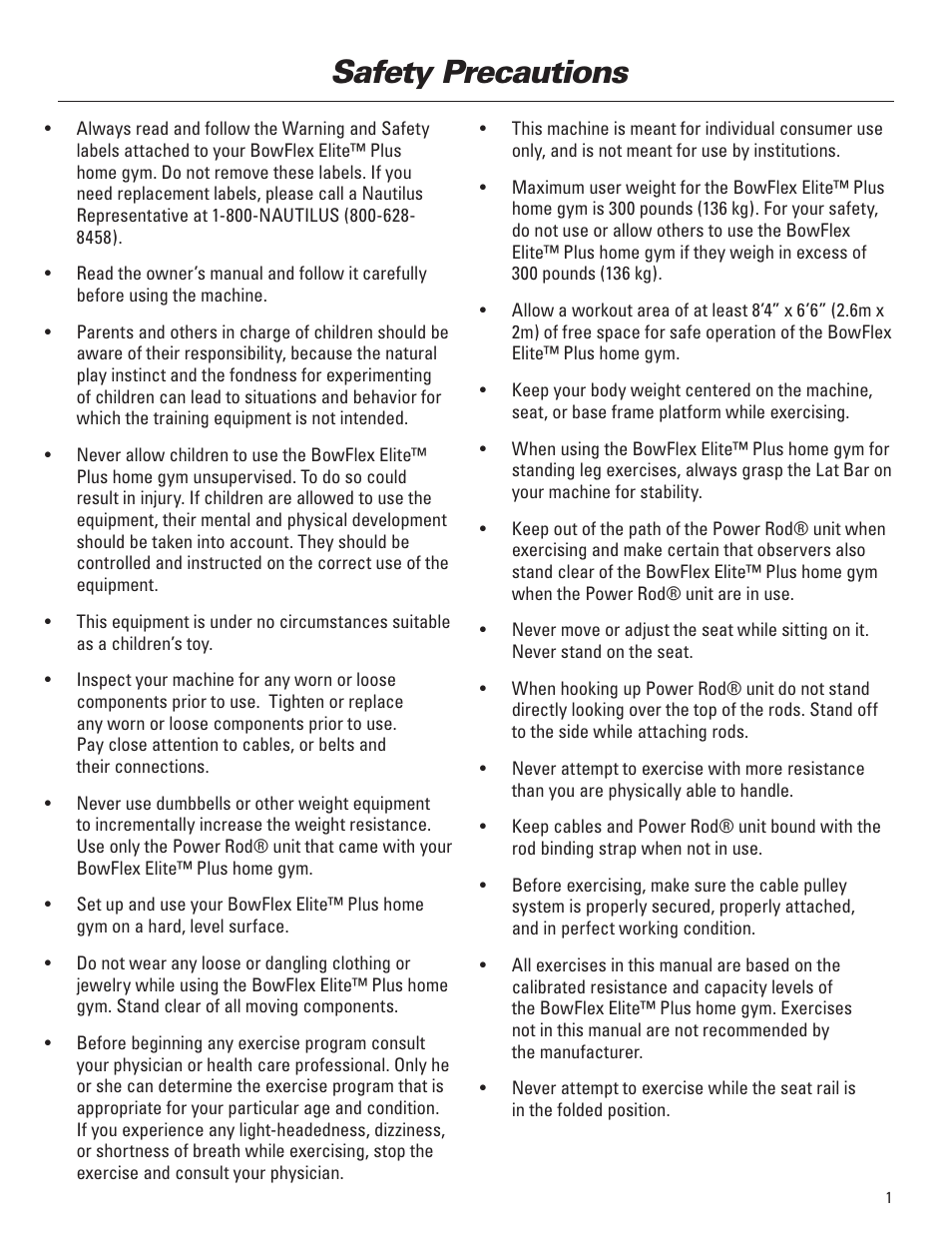 Safety precautions | Bowflex Elite™ Plus home gym User Manual | Page 25 / 94