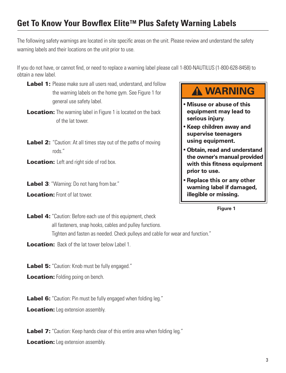 Get to know your bowﬂex elite, Plus safety warning labels | Bowflex Elite™ Plus home gym User Manual | Page 27 / 94