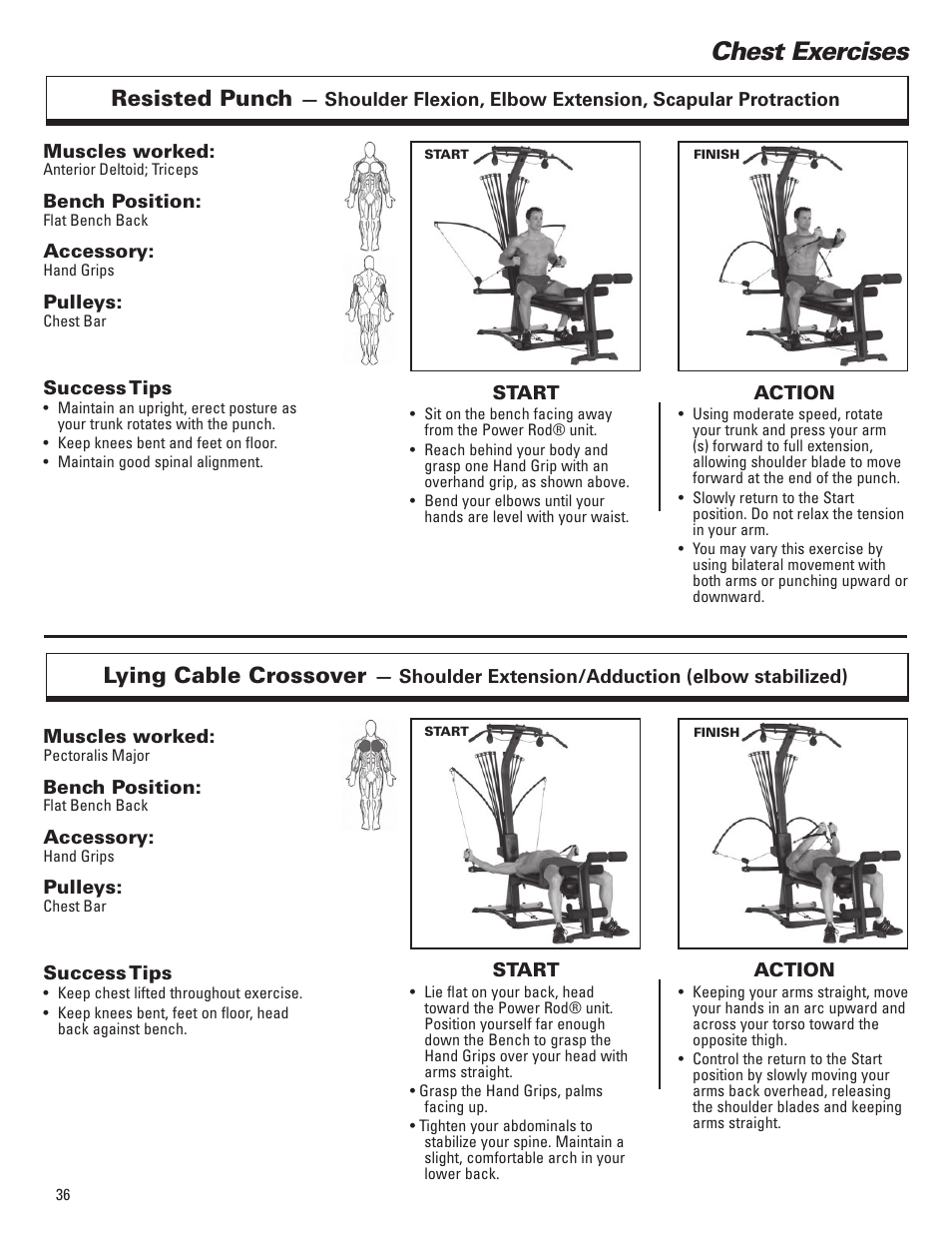 Chest exercises, Resisted punch, Lying cable crossover | Bowflex Elite™ Plus home gym User Manual | Page 60 / 94