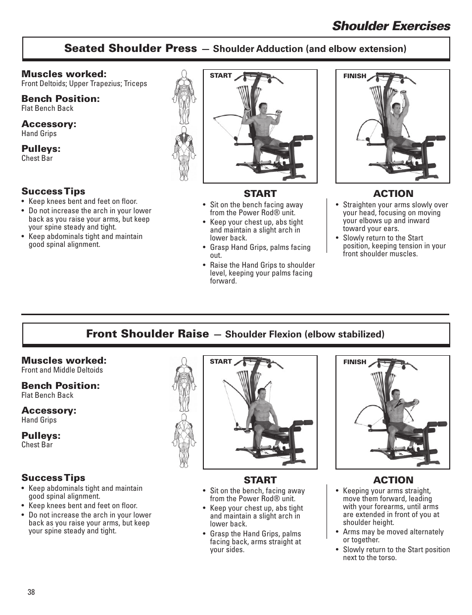 Shoulder exercises, Seated shoulder press, Front shoulder raise | Bowflex Elite™ Plus home gym User Manual | Page 62 / 94