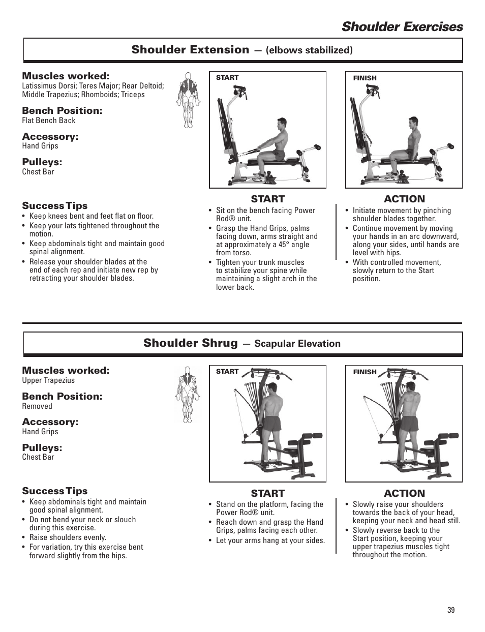 Shoulder exercises, Shoulder extension, Shoulder shrug | Bowflex Elite™ Plus home gym User Manual | Page 63 / 94