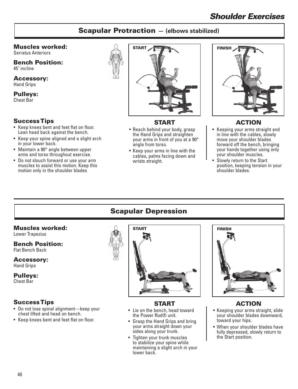 Shoulder exercises, Scapular protraction, Scapular depression | Bowflex Elite™ Plus home gym User Manual | Page 64 / 94