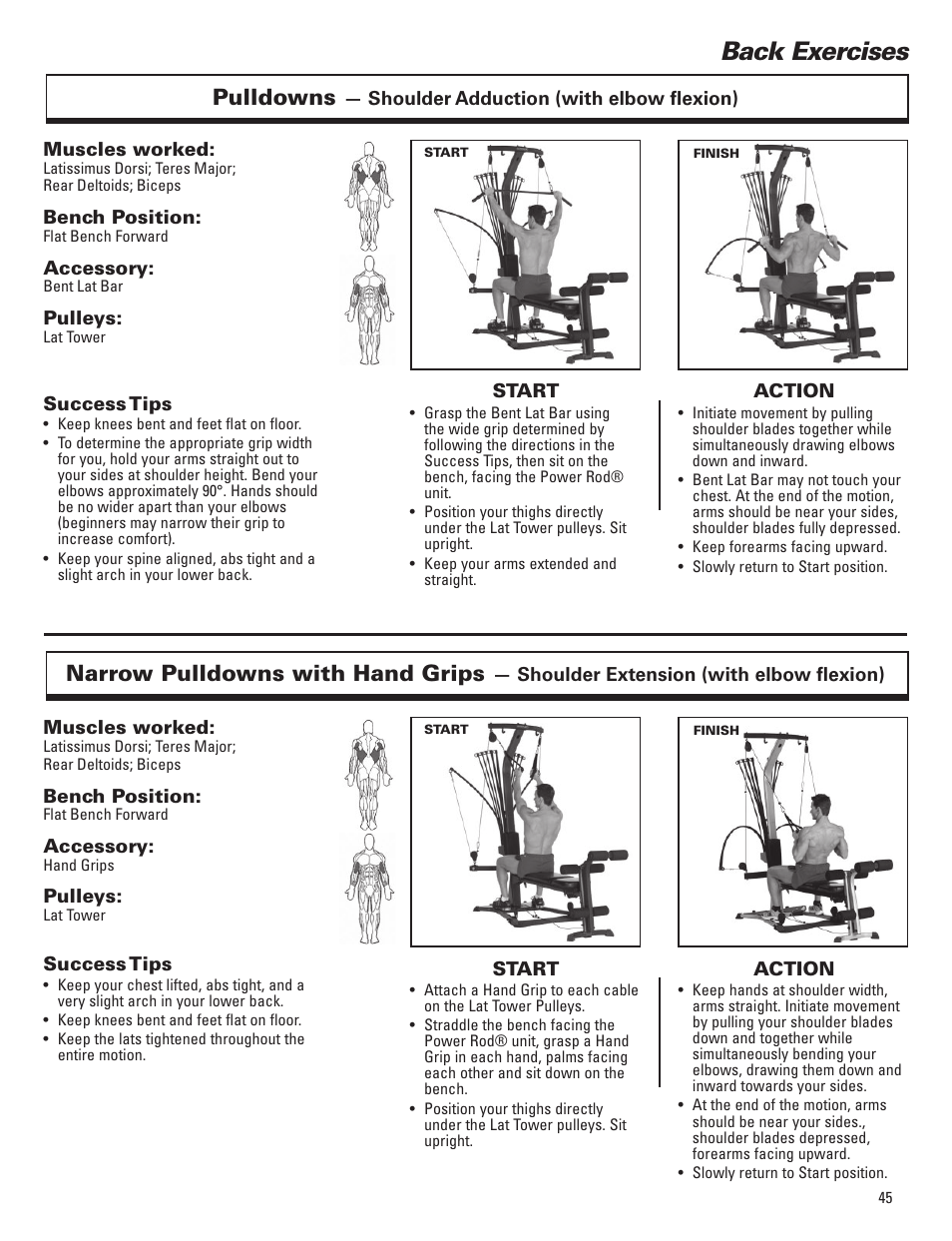 Back exercises, Pulldowns, Narrow pulldowns with hand grips | Bowflex Elite™ Plus home gym User Manual | Page 69 / 94