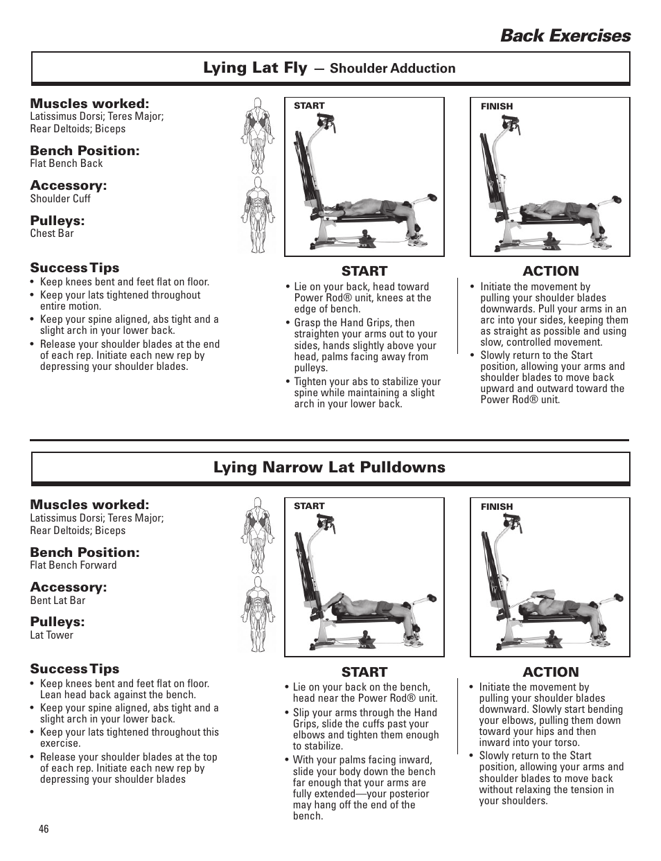 Back exercises, Lying lat fly, Lying narrow lat pulldowns | Bowflex Elite™ Plus home gym User Manual | Page 70 / 94