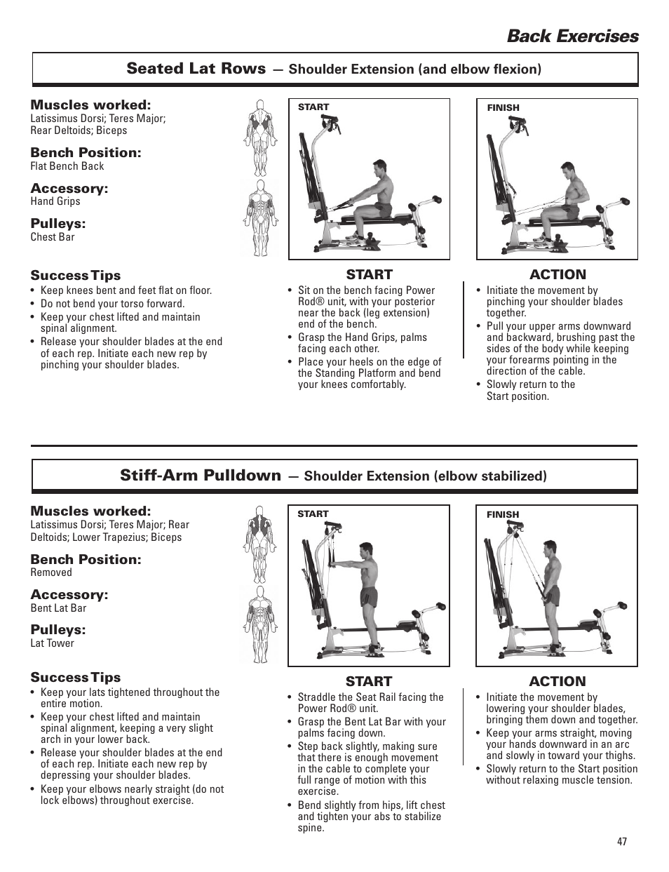 Back exercises, Seated lat rows, Stiff-arm pulldown | Bowflex Elite™ Plus home gym User Manual | Page 71 / 94