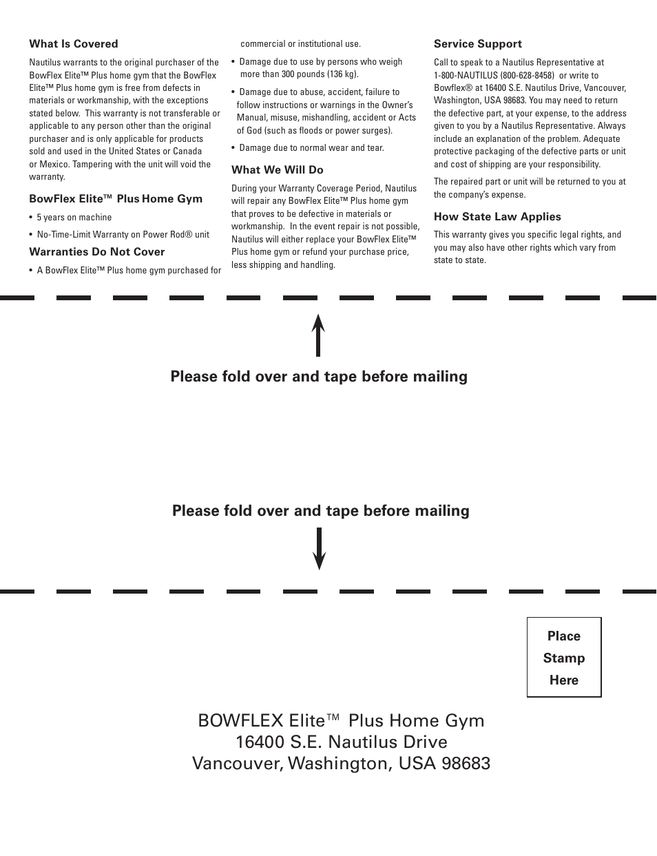 Please fold over and tape before mailing | Bowflex Elite™ Plus home gym User Manual | Page 92 / 94