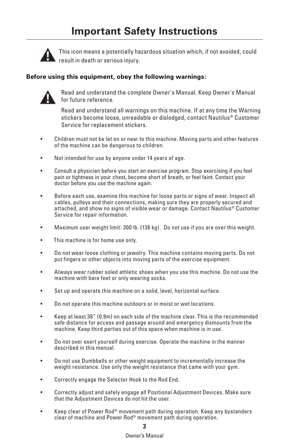 Important safety instructions | Bowflex Classic Home Gym User Manual | Page 3 / 36