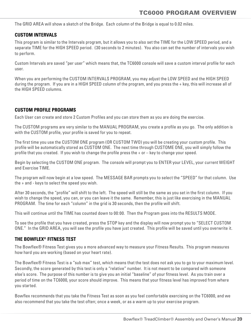 Tc6000 program overview | Bowflex TC5300 User Manual | Page 43 / 76