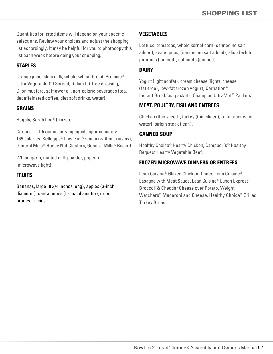 Shopping list | Bowflex TC5300 User Manual | Page 61 / 76