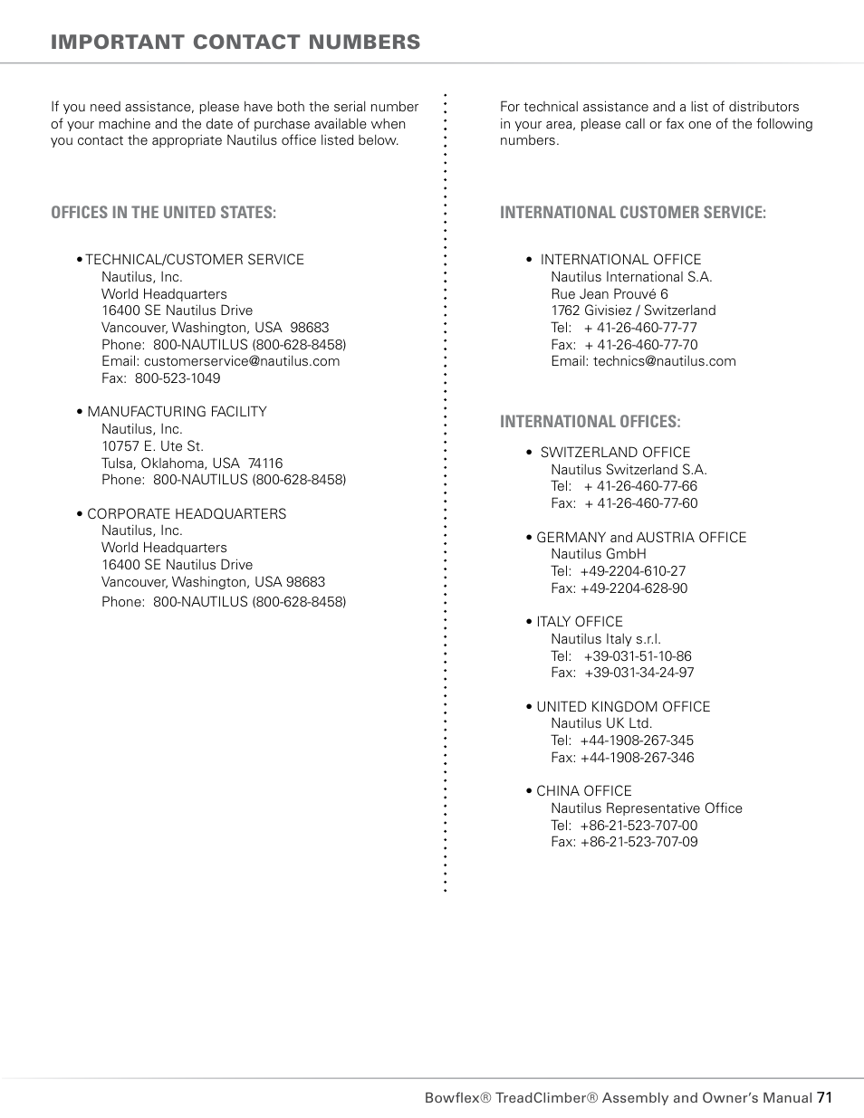 Important contact numbers | Bowflex TC5300 User Manual | Page 75 / 76