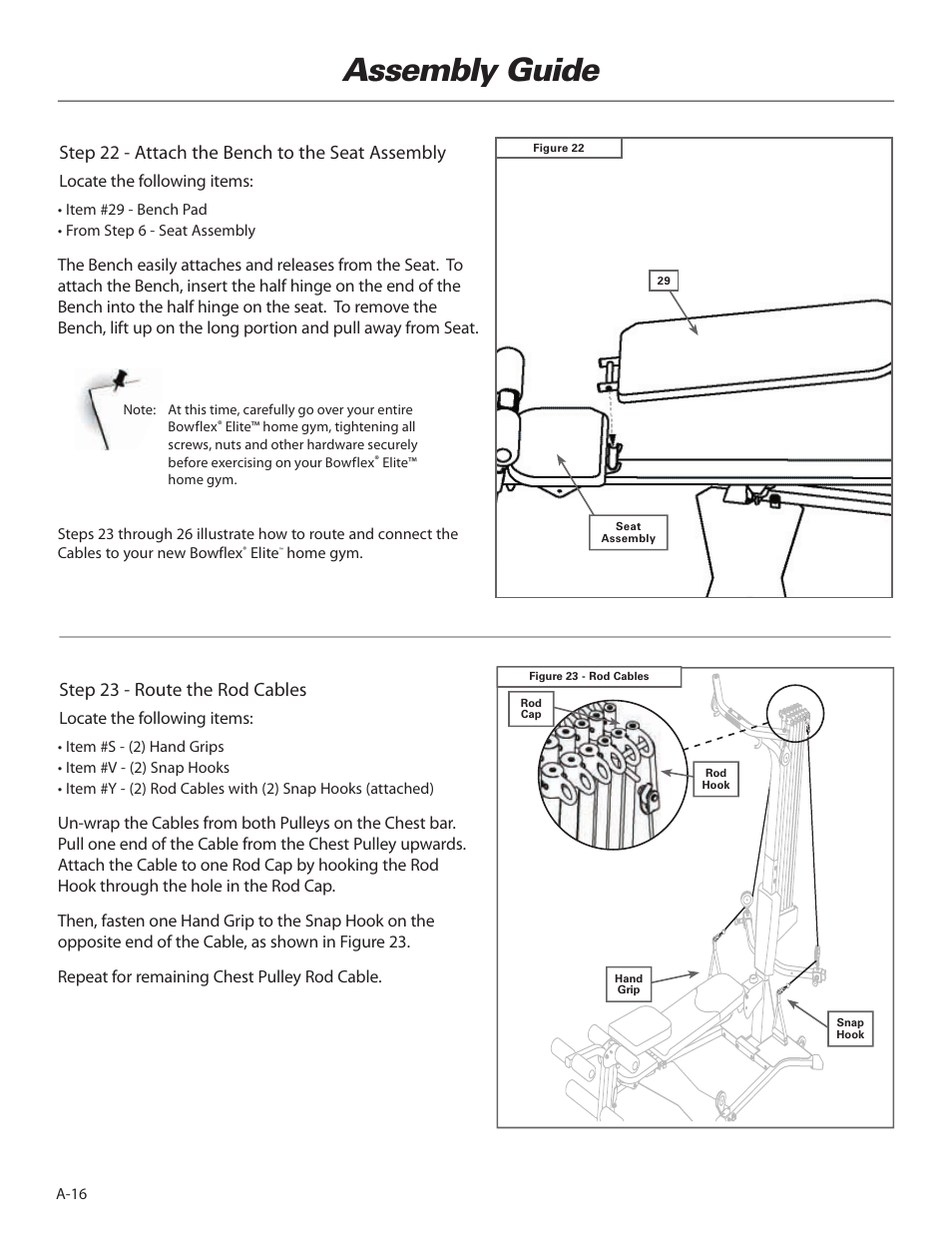 Assembly guide, Step 22 - attach the bench to the seat assembly, Step 23 - route the rod cables | Bowflex Elite™ home gym User Manual | Page 18 / 92