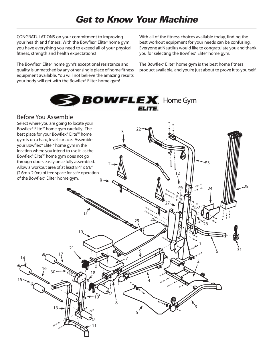 Get to know your machine, Home gym, Before you assemble | Bowflex Elite™ home gym User Manual | Page 2 / 92