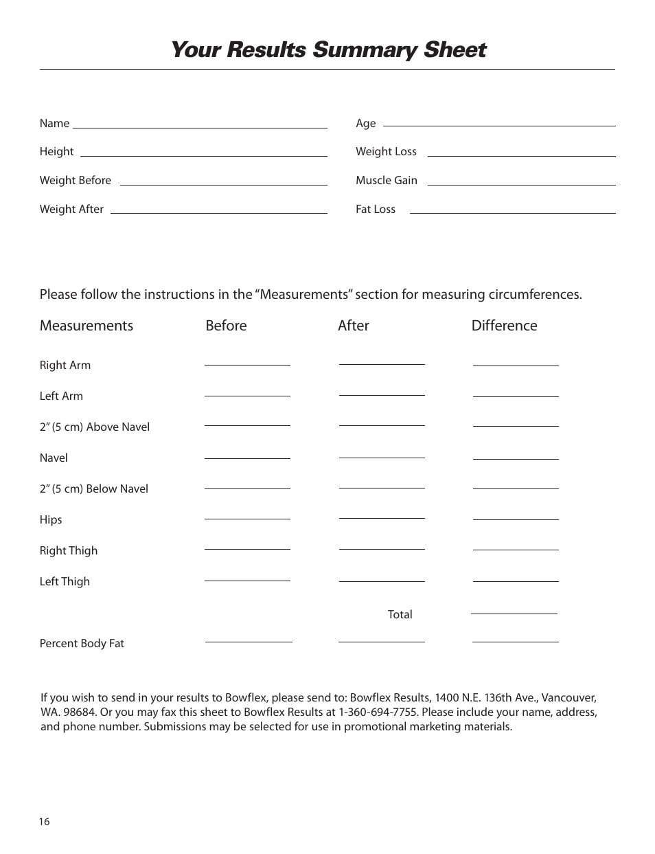 Your results summary sheet, Measurements, Before after | Difference | Bowflex Elite™ home gym User Manual | Page 40 / 92