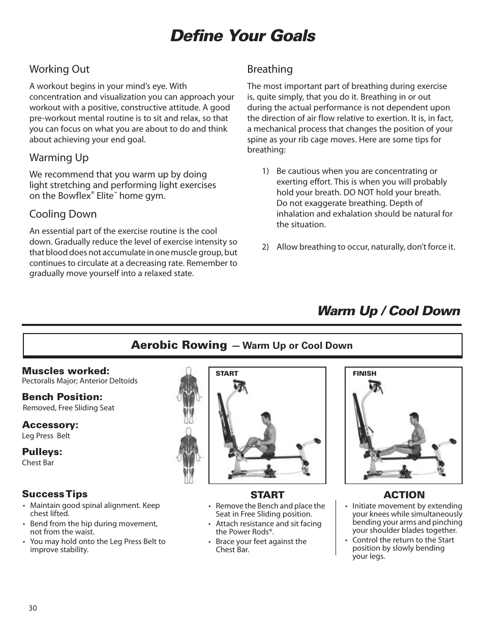 Define your goals, Warm up / cool down, Working out | Warming up, Cooling down, Breathing, Aerobic rowing | Bowflex Elite™ home gym User Manual | Page 54 / 92