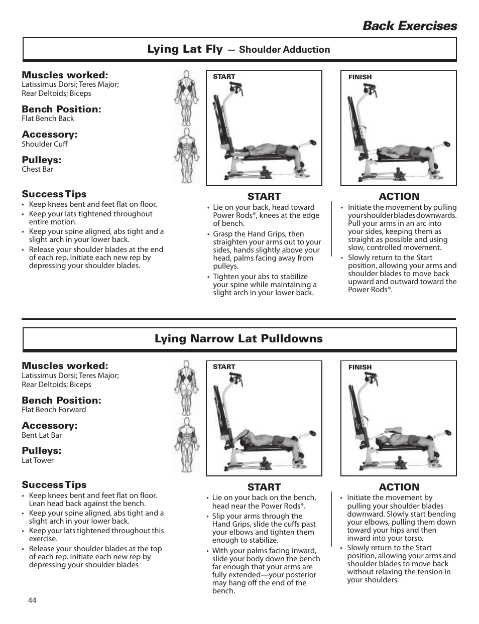Back exercises, Lying lat fly, Lying narrow lat pulldowns | Bowflex Elite™ home gym User Manual | Page 68 / 92