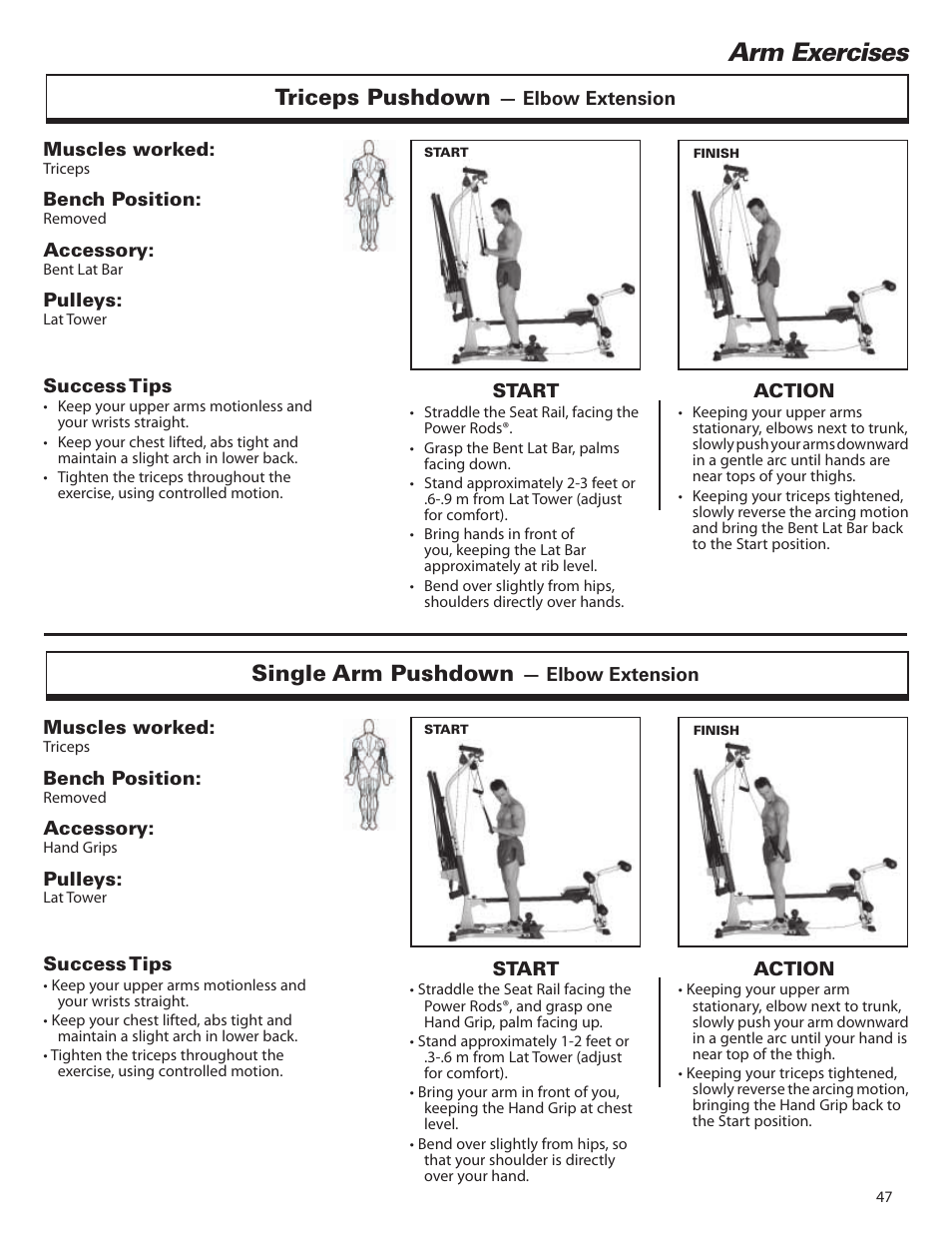 Arm exercises, Triceps pushdown, Single arm pushdown | Bowflex Elite™ home gym User Manual | Page 71 / 92