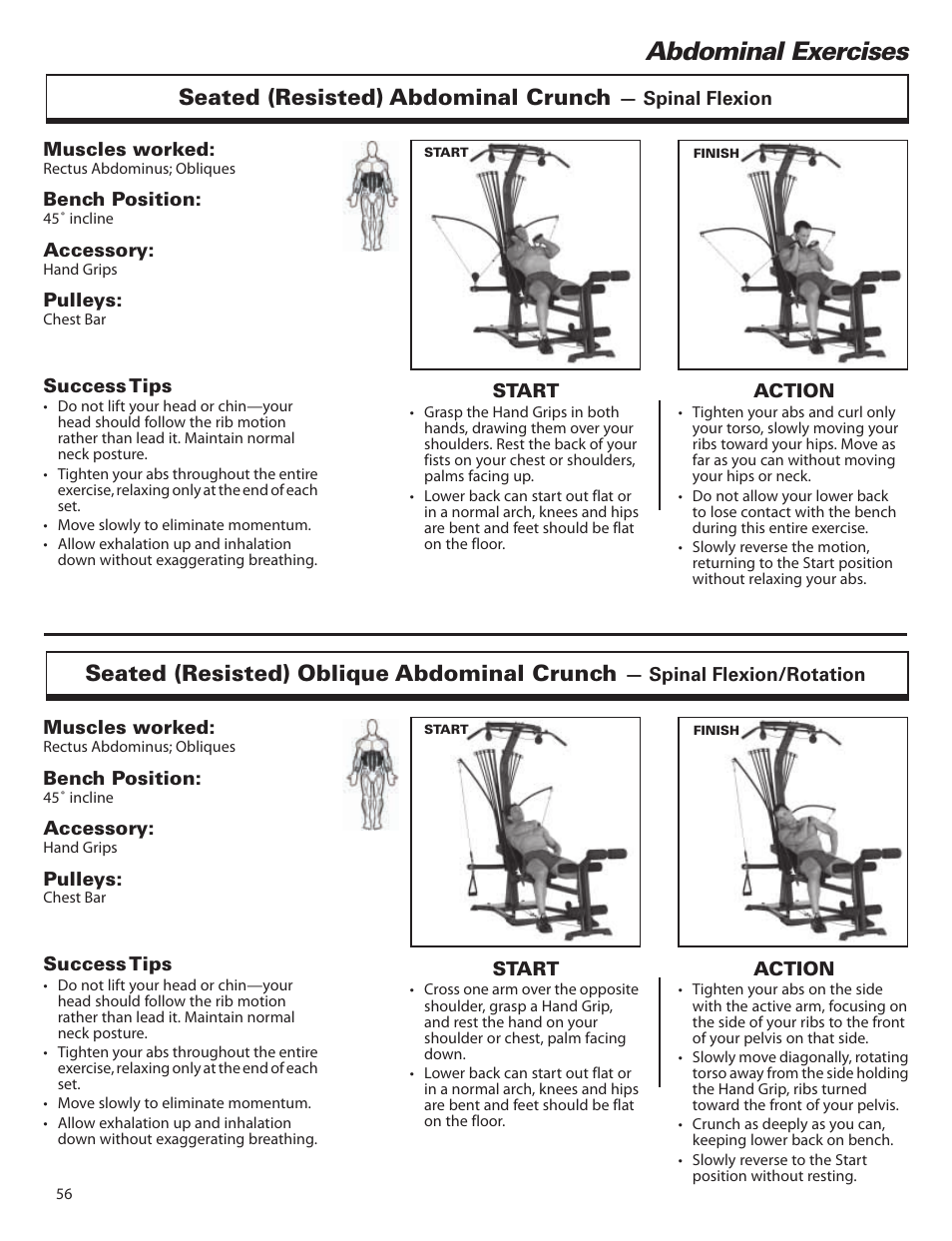 Abdominal exercises, Seated (resisted) abdominal crunch, Seated (resisted) oblique abdominal crunch | Bowflex Elite™ home gym User Manual | Page 80 / 92
