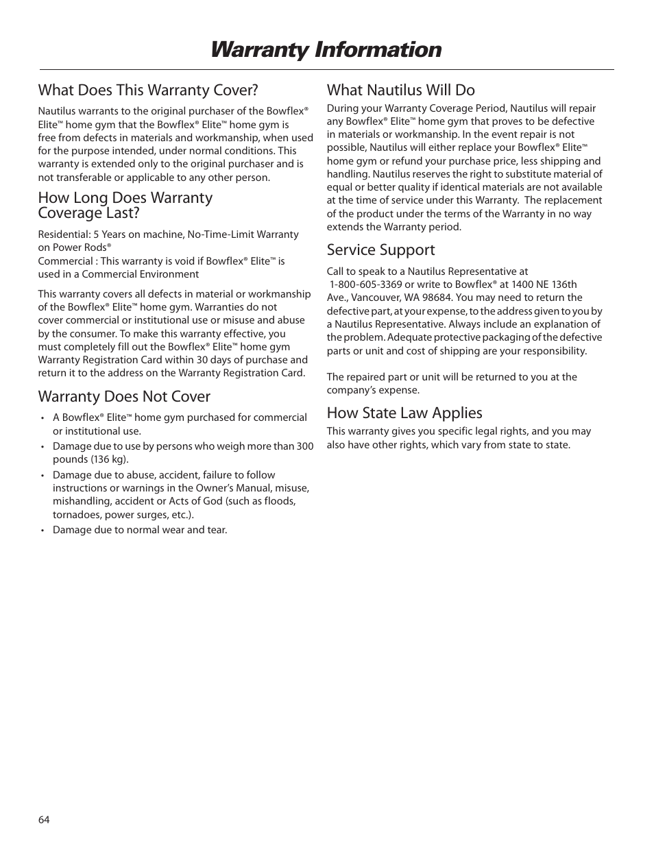 Warranty information, What does this warranty cover, How long does warranty coverage last | Warranty does not cover, What nautilus will do, Service support, How state law applies | Bowflex Elite™ home gym User Manual | Page 88 / 92