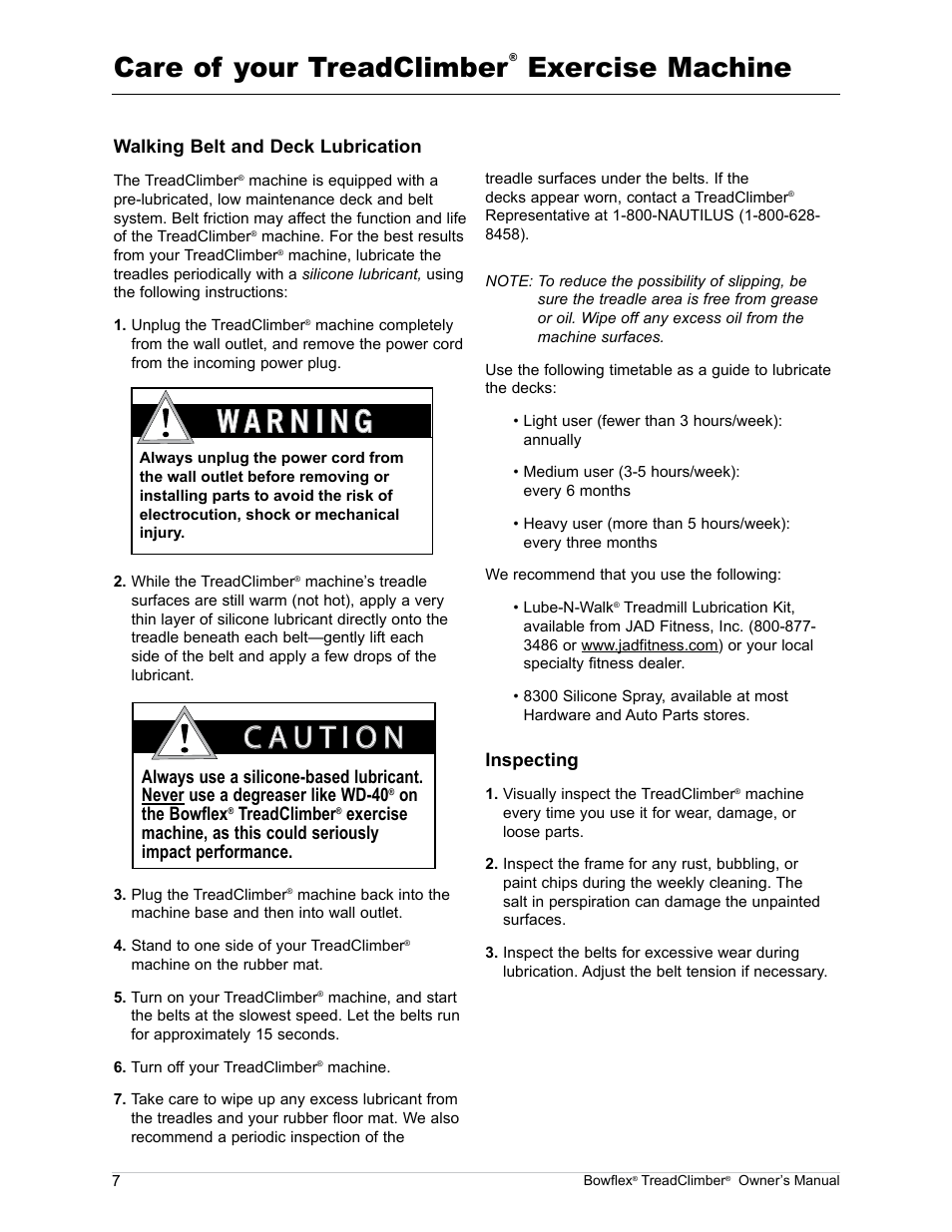 Care of your treadclimber, Exercise machine | Bowflex TreadClimber TC5000 User Manual | Page 10 / 69