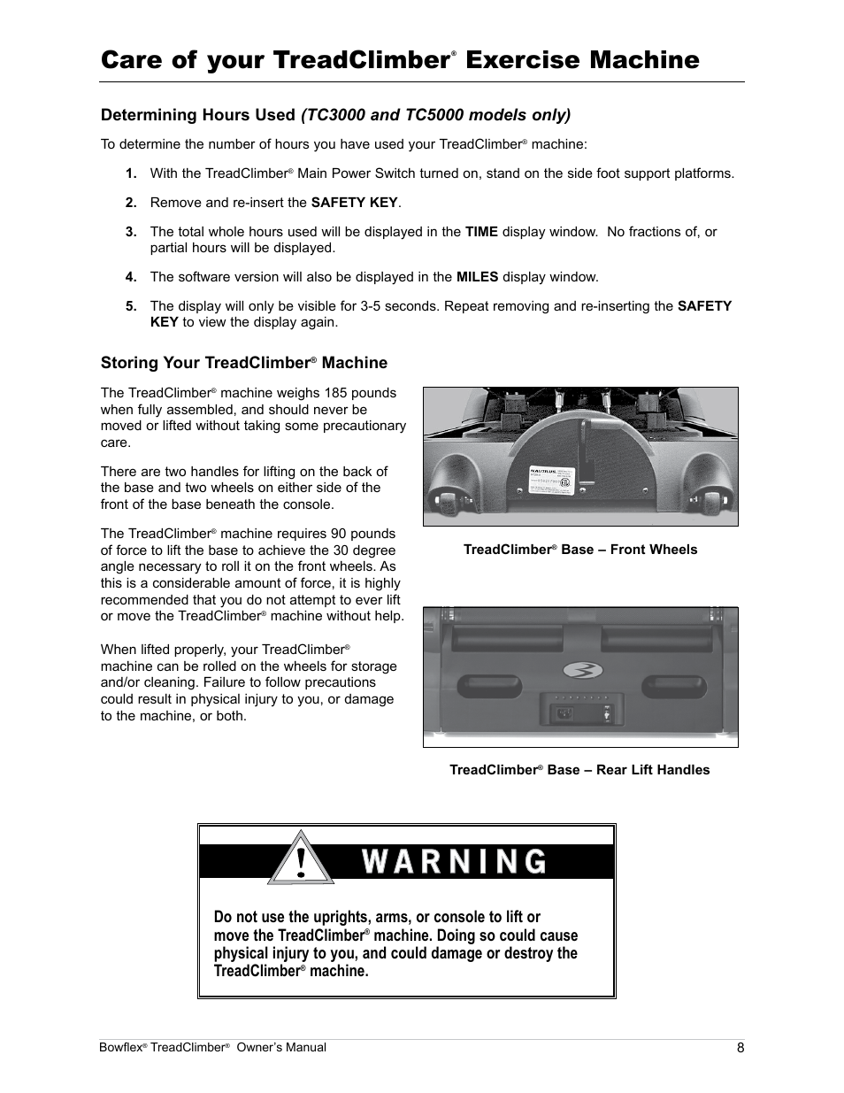 Care of your treadclimber, Exercise machine | Bowflex TreadClimber TC5000 User Manual | Page 11 / 69