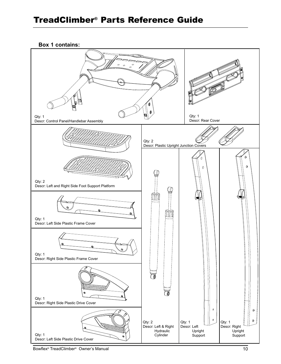 Treadclimber, Parts reference guide, Box 1 contains | Bowflex TreadClimber TC5000 User Manual | Page 13 / 69