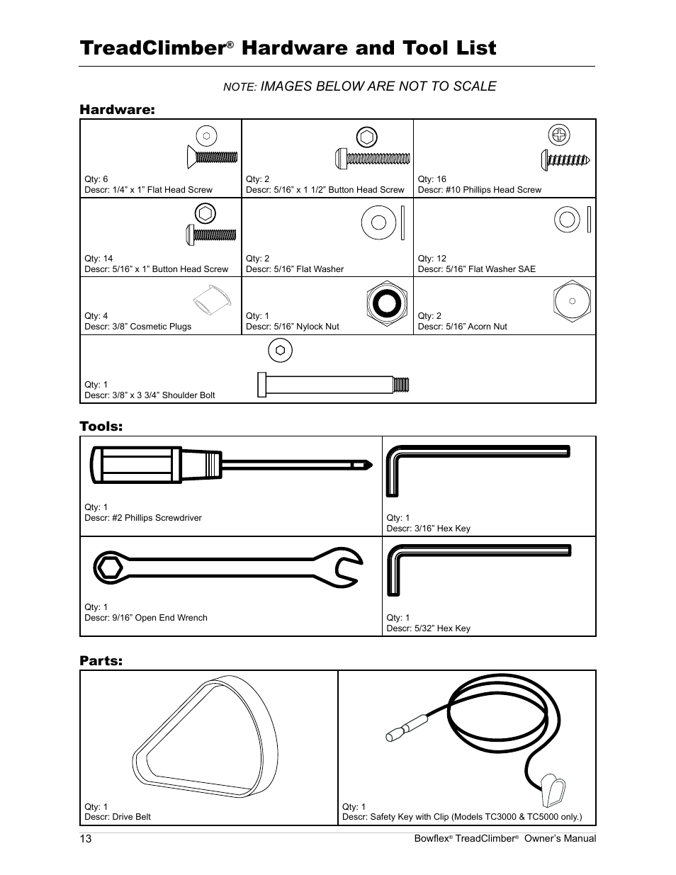 Treadclimber, Hardware and tool list, Tools | Parts, Images below are not to scale hardware | Bowflex TreadClimber TC5000 User Manual | Page 16 / 69