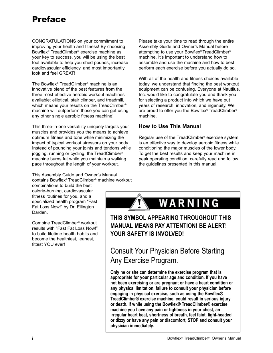 Preface | Bowflex TreadClimber TC5000 User Manual | Page 2 / 69
