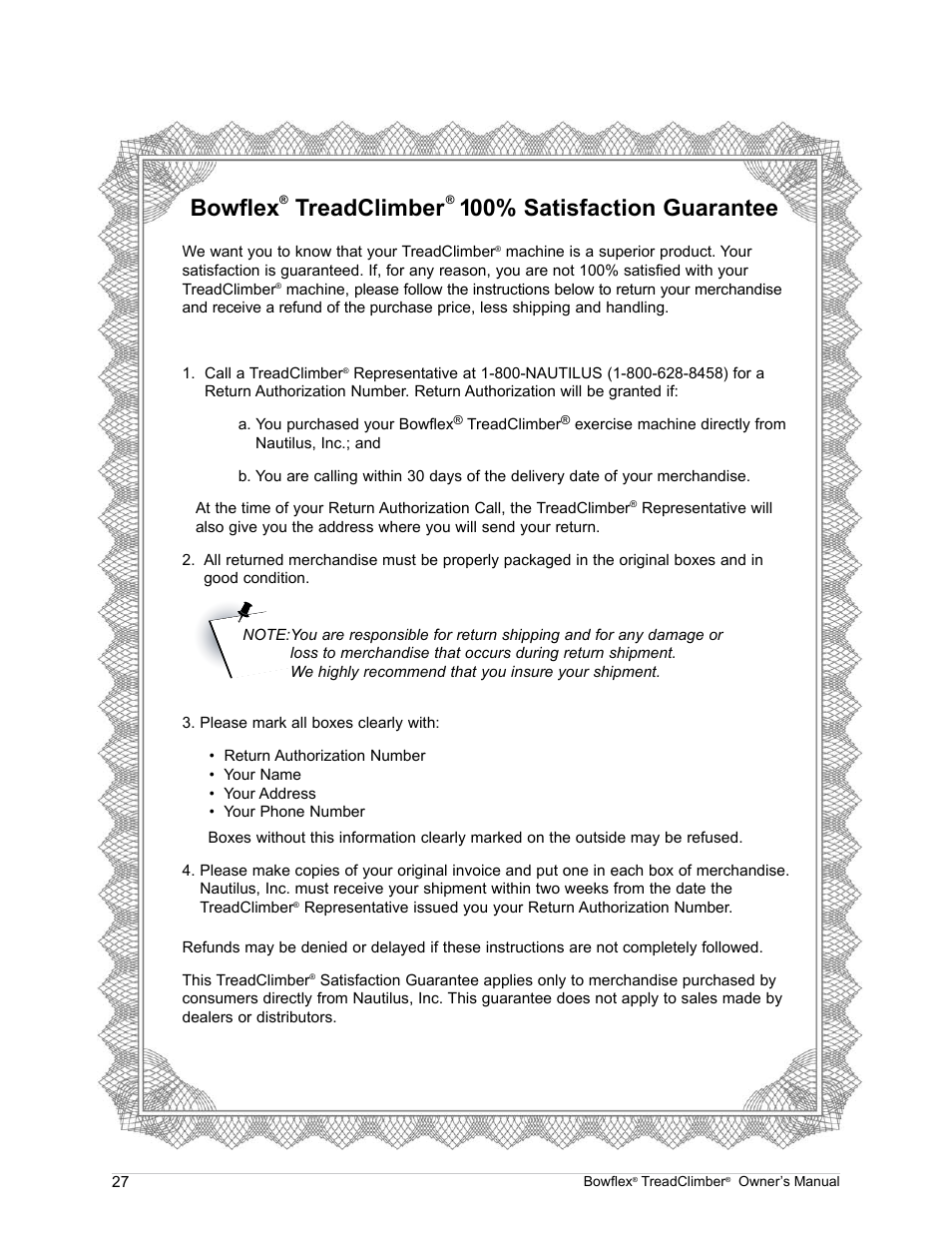 Bowflex, Treadclimber, 100% satisfaction guarantee | Bowflex TreadClimber TC5000 User Manual | Page 30 / 69