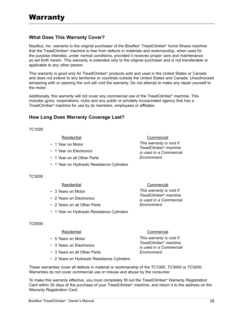Warranty, What does this warranty cover, How long does warranty coverage last | Bowflex TreadClimber TC5000 User Manual | Page 31 / 69