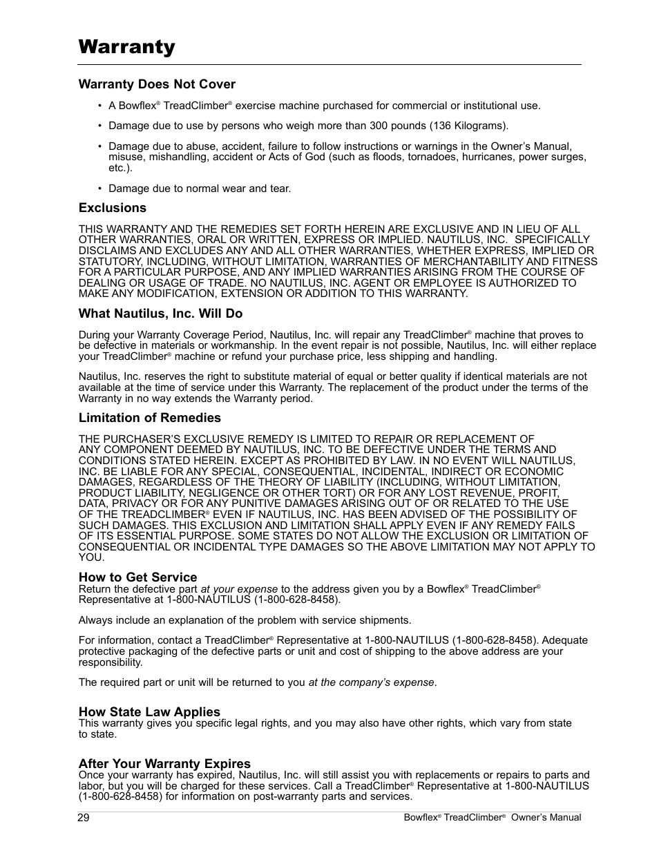 Warranty, Warranty does not cover, Exclusions | What nautilus, inc. will do, Limitation of remedies, How to get service, How state law applies, After your warranty expires | Bowflex TreadClimber TC5000 User Manual | Page 32 / 69