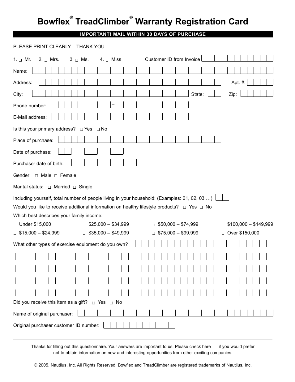 Bowflex, Treadclimber, Warranty registration card | Bowflex TreadClimber TC5000 User Manual | Page 33 / 69