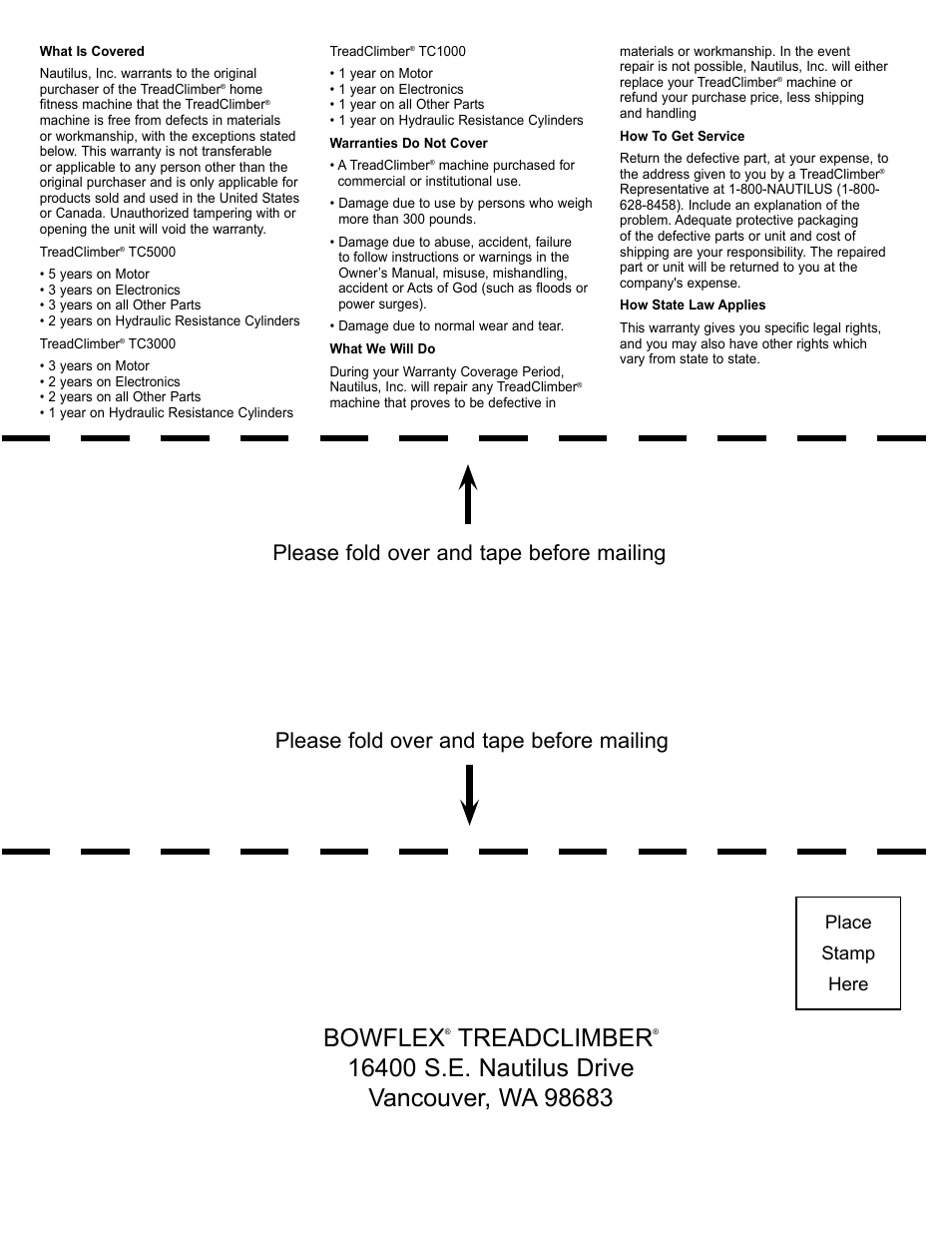 Bowflex, Treadclimber, Please fold over and tape before mailing | Place stamp here | Bowflex TreadClimber TC5000 User Manual | Page 34 / 69