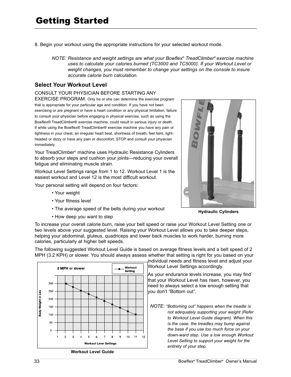 Getting started, Select your workout level | Bowflex TreadClimber TC5000 User Manual | Page 36 / 69