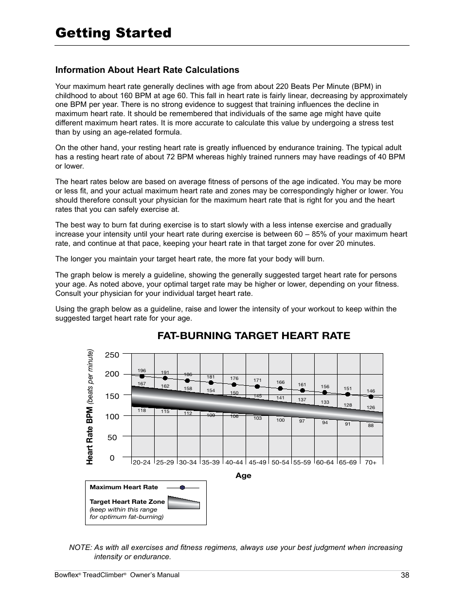 Getting started, Information about heart rate calculations, Eart | Bowflex TreadClimber TC5000 User Manual | Page 41 / 69