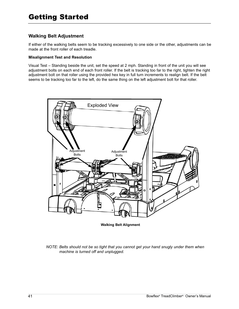 Getting started, Walking belt adjustment, Exploded view | Bowflex TreadClimber TC5000 User Manual | Page 44 / 69