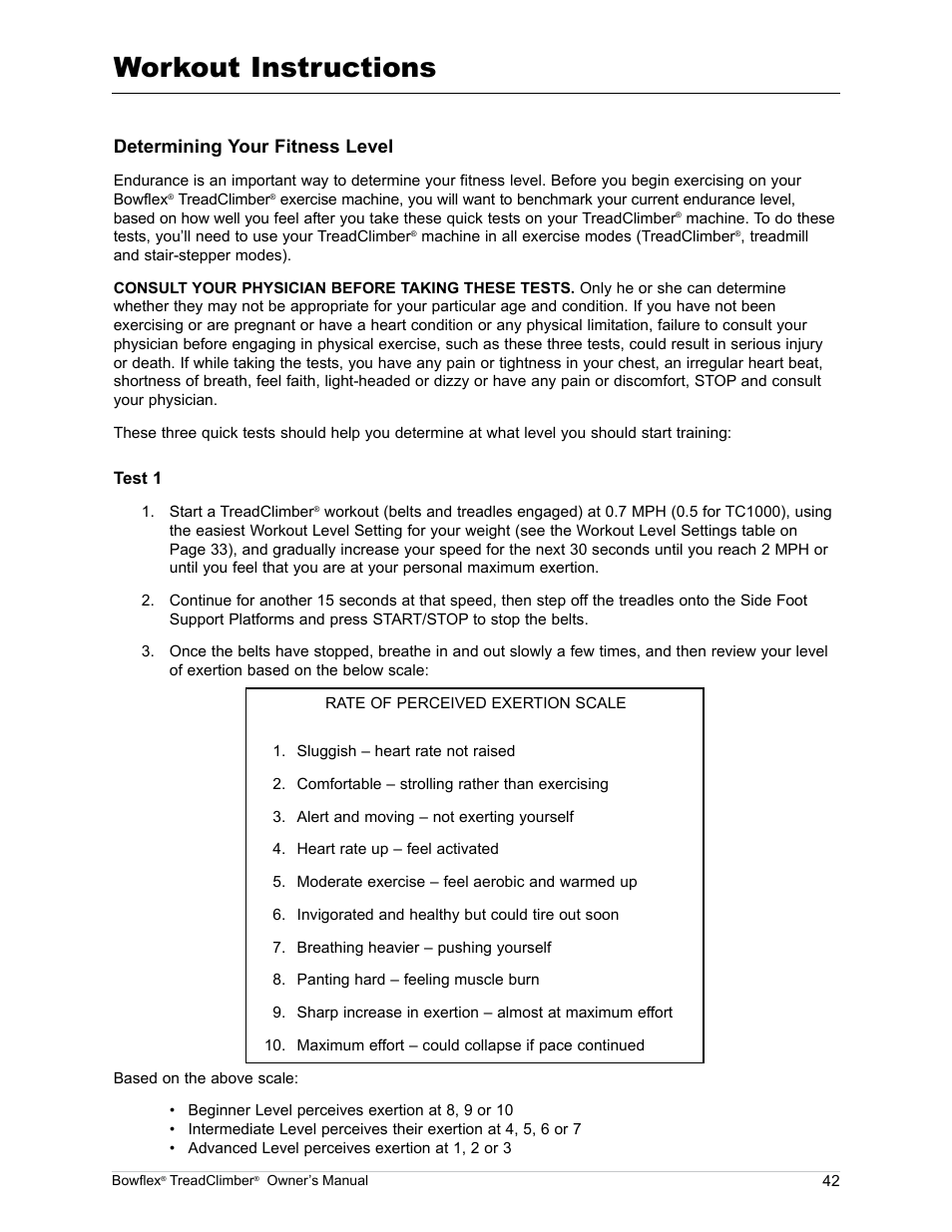 Workout instructions, Determining your fitness level | Bowflex TreadClimber TC5000 User Manual | Page 45 / 69