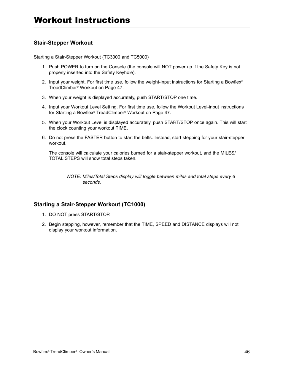 Workout instructions, Stair-stepper workout, Starting a stair-stepper workout (tc1000) | Bowflex TreadClimber TC5000 User Manual | Page 49 / 69