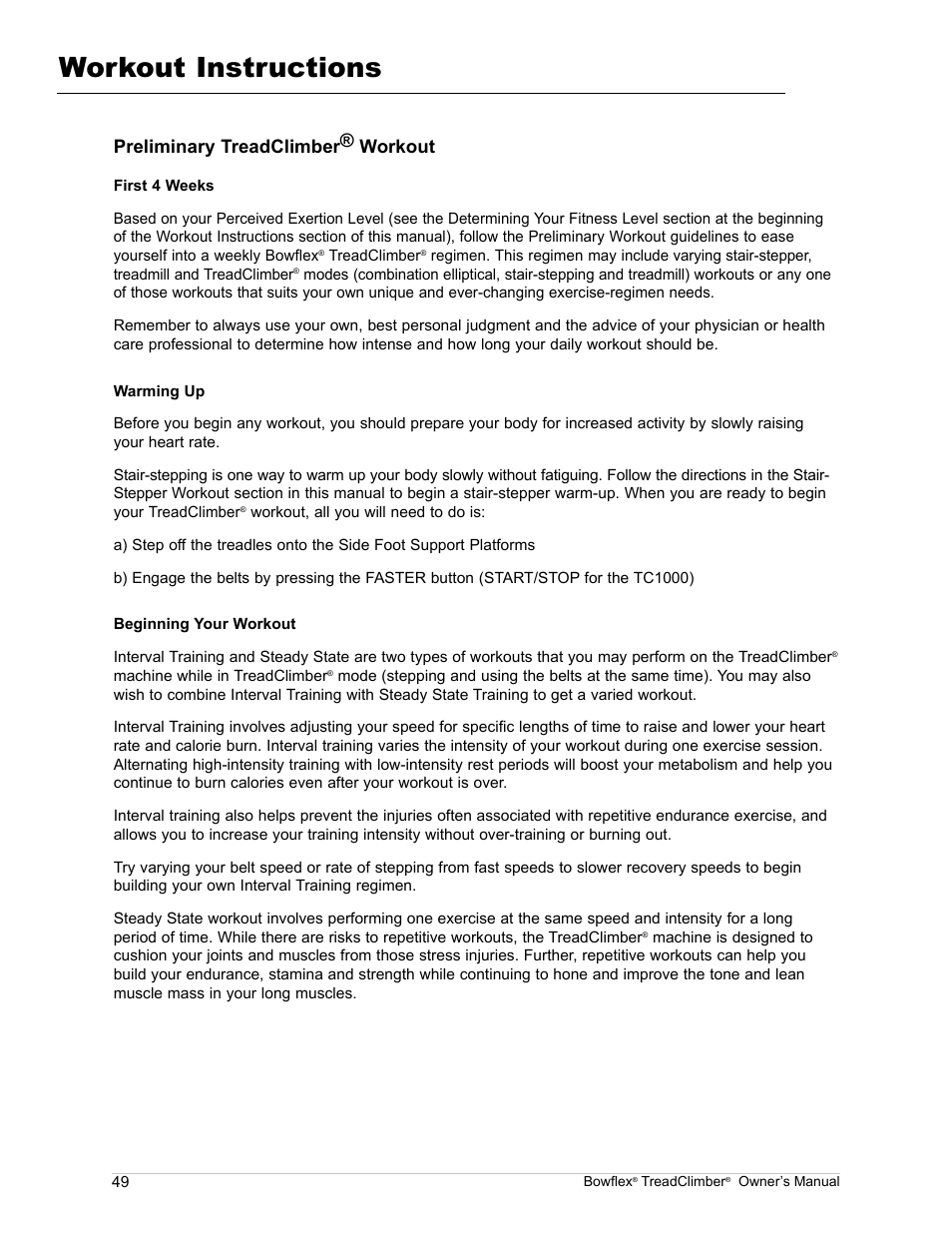 Workout instructions, Preliminary treadclimber® workout | Bowflex TreadClimber TC5000 User Manual | Page 52 / 69