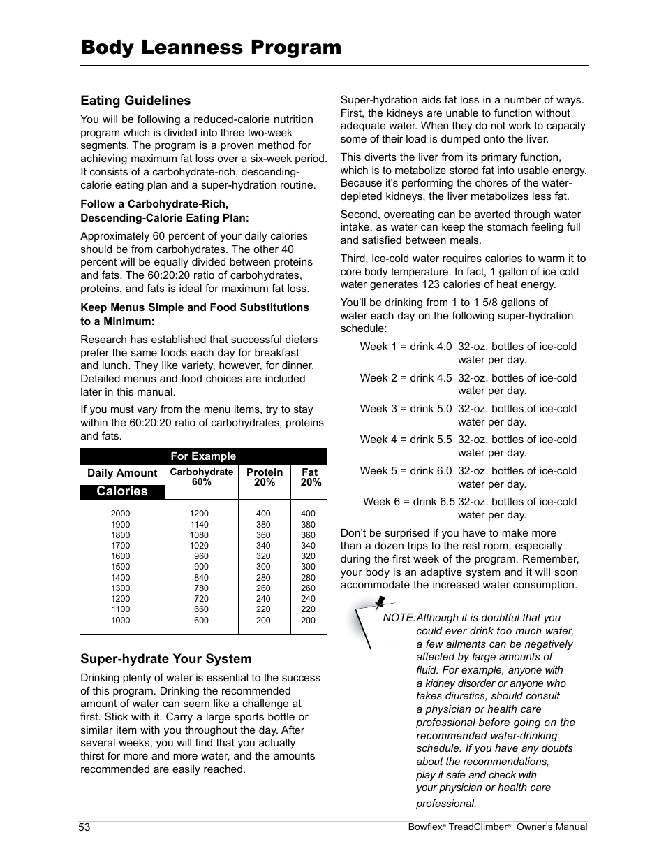 Body leanness program, Eating guidelines, Super-hydrate your system | Calories | Bowflex TreadClimber TC5000 User Manual | Page 56 / 69