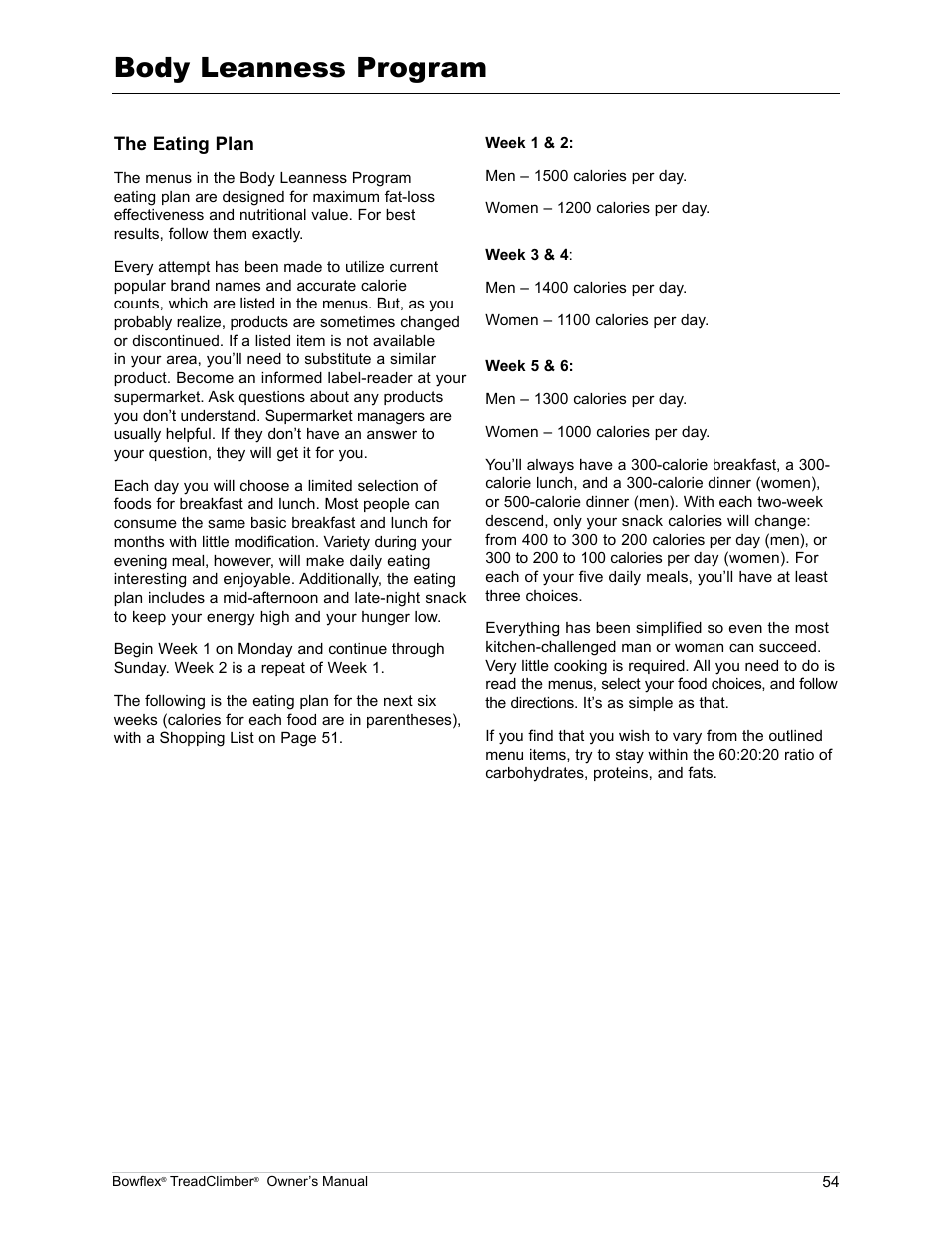 Body leanness program | Bowflex TreadClimber TC5000 User Manual | Page 57 / 69