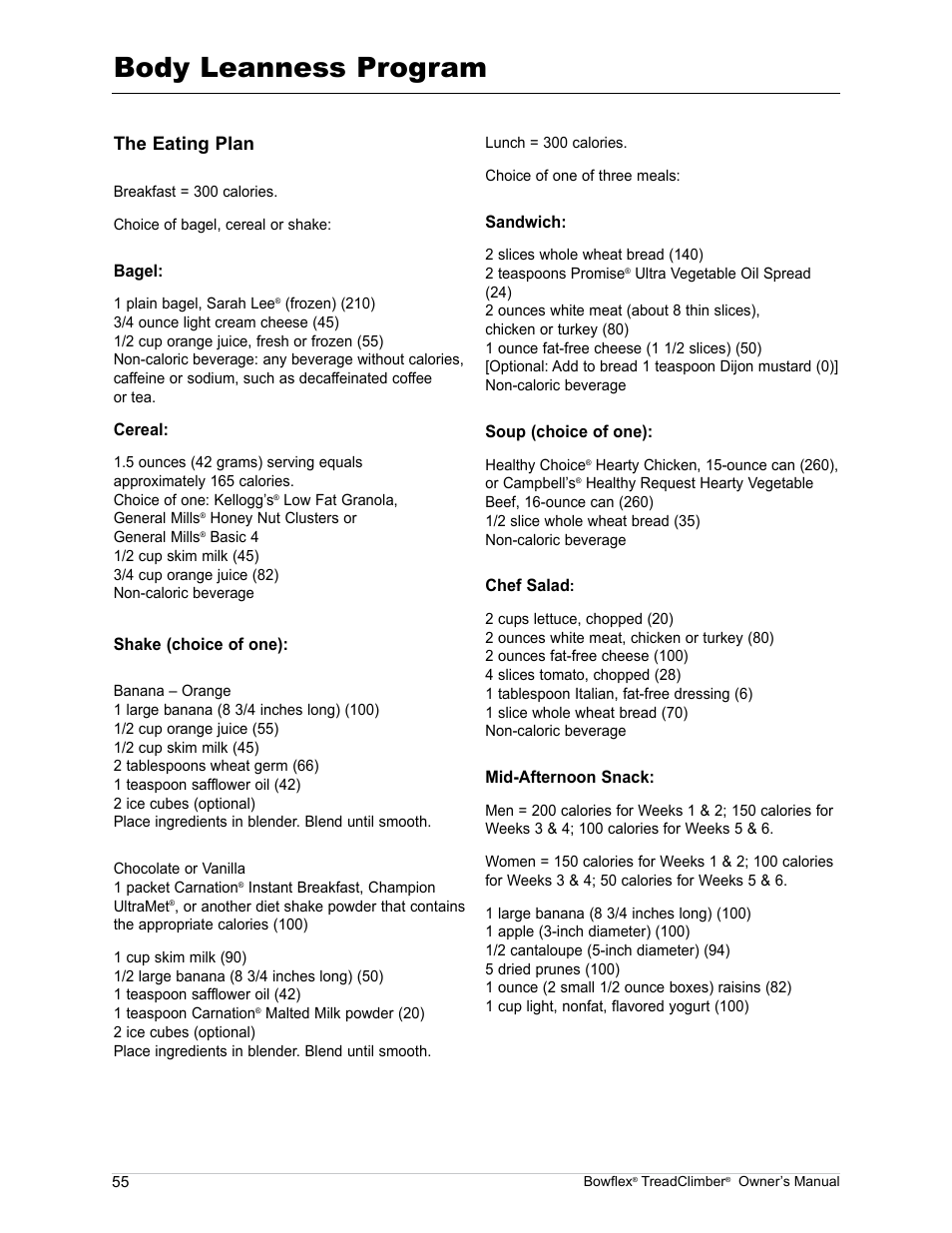 Body leanness program, The eating plan | Bowflex TreadClimber TC5000 User Manual | Page 58 / 69