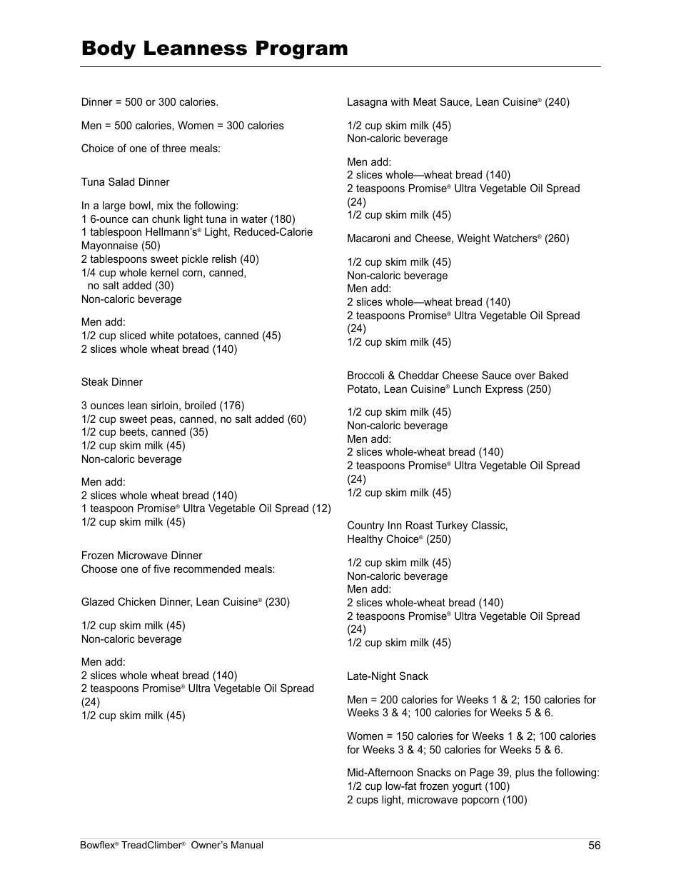 Body leanness program | Bowflex TreadClimber TC5000 User Manual | Page 59 / 69