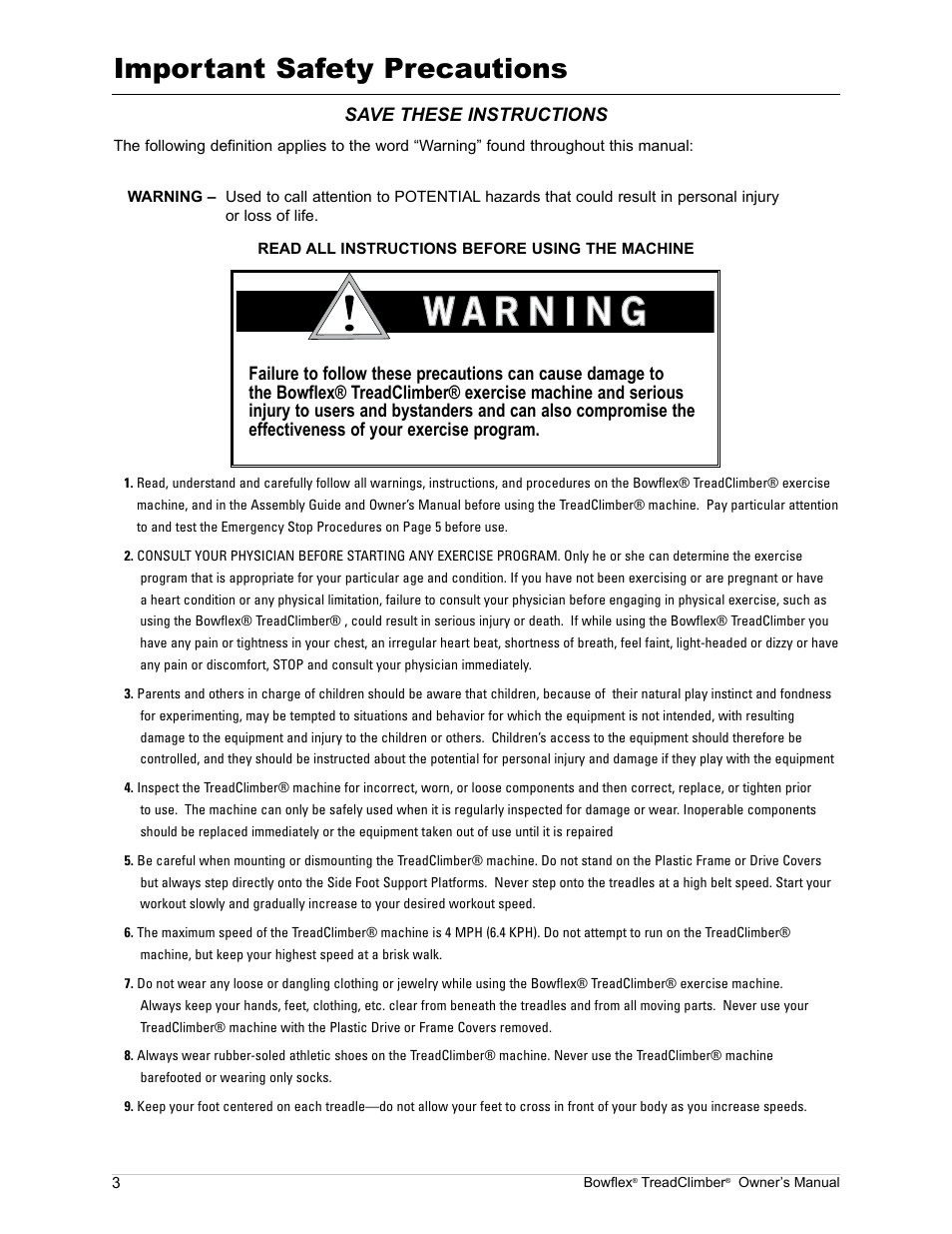 Important safety precautions | Bowflex TreadClimber TC5000 User Manual | Page 6 / 69
