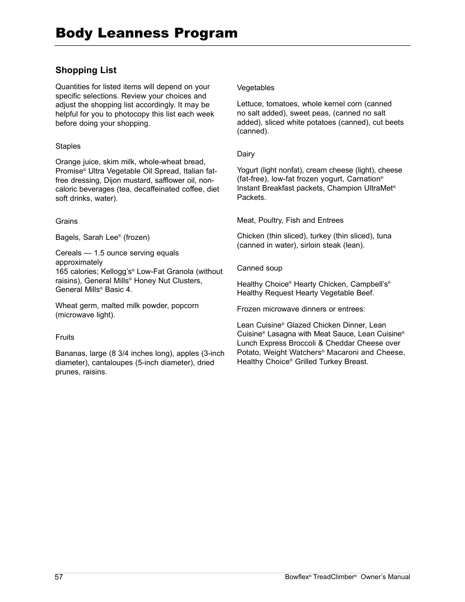 Body leanness program, Shopping list | Bowflex TreadClimber TC5000 User Manual | Page 60 / 69
