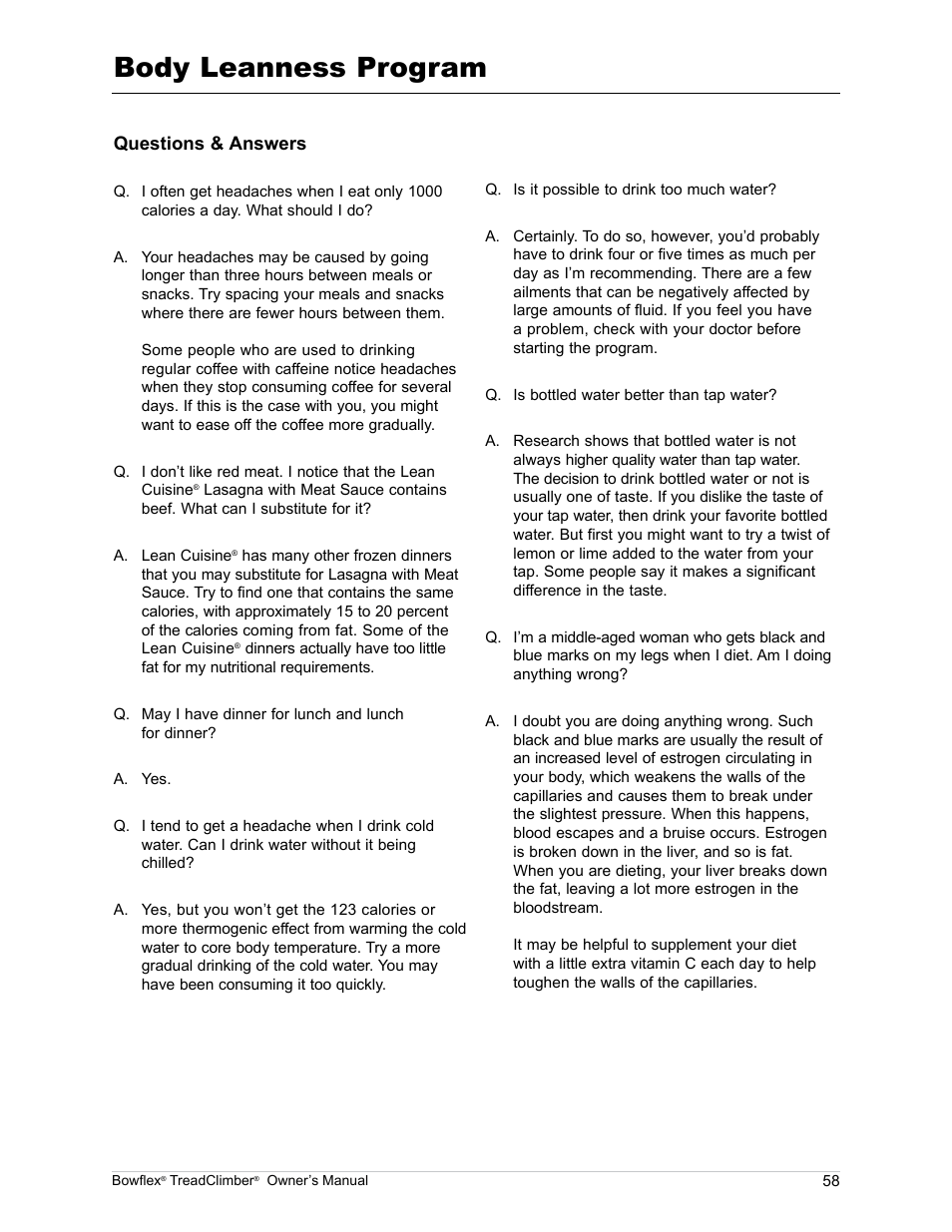Body leanness program | Bowflex TreadClimber TC5000 User Manual | Page 61 / 69