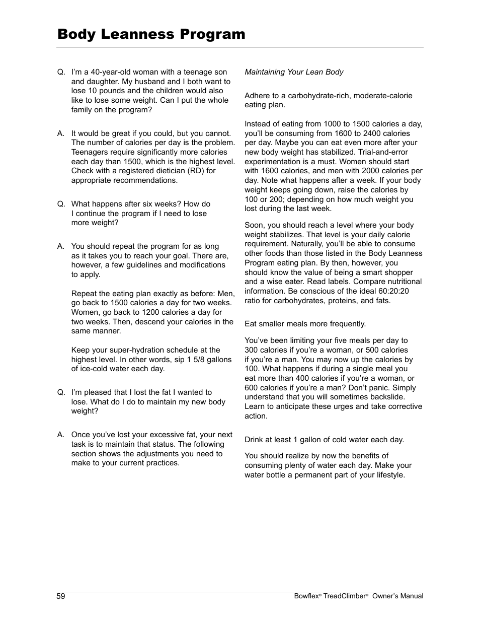 Body leanness program | Bowflex TreadClimber TC5000 User Manual | Page 62 / 69